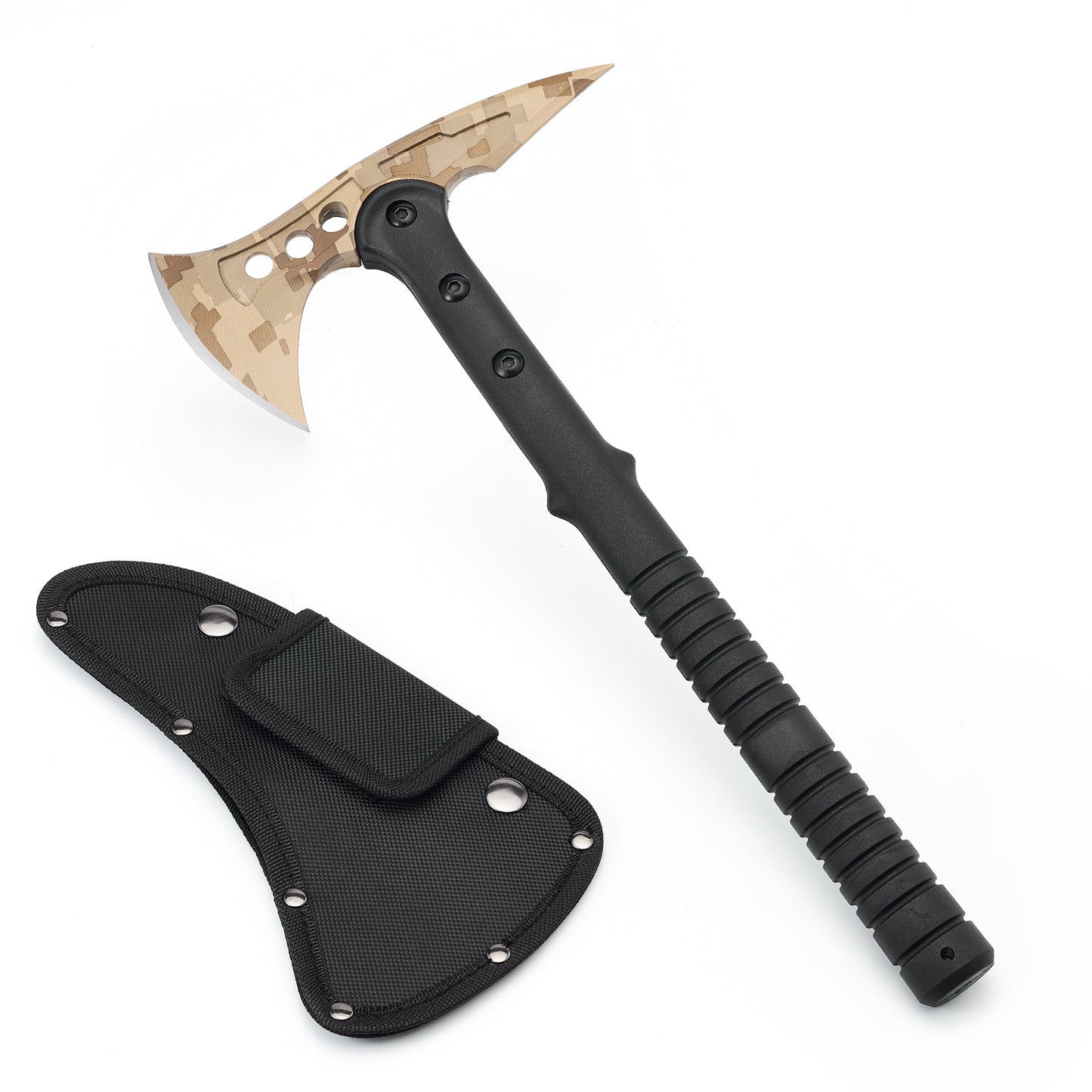 KHU Hache de Camping Hache de Lancer Tactique Hache de Survie Tomahawk avec Gaine - Manche en Fibre de Nylon pour la Chasse en Plein air Randonnée Camping Gear