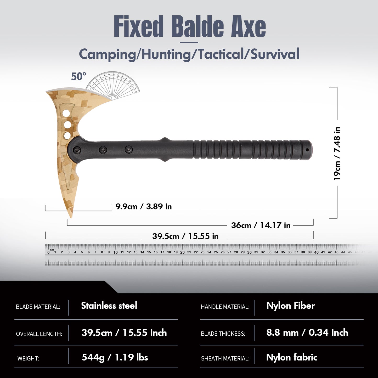 KHU Hache de Camping Hache de Lancer Tactique Hache de Survie Tomahawk avec Gaine - Manche en Fibre de Nylon pour la Chasse en Plein air Randonnée Camping Gear