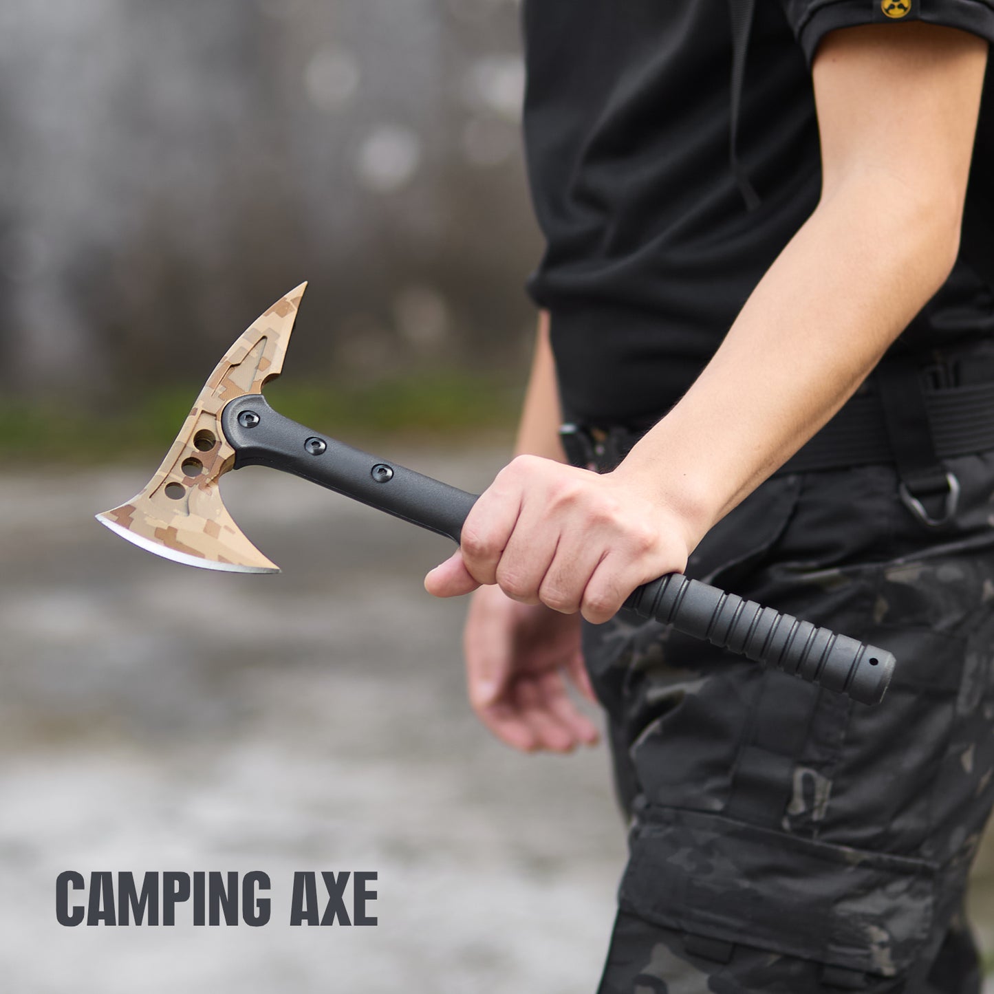 KHU Hache de Camping Hache de Lancer Tactique Hache de Survie Tomahawk avec Gaine - Manche en Fibre de Nylon pour la Chasse en Plein air Randonnée Camping Gear