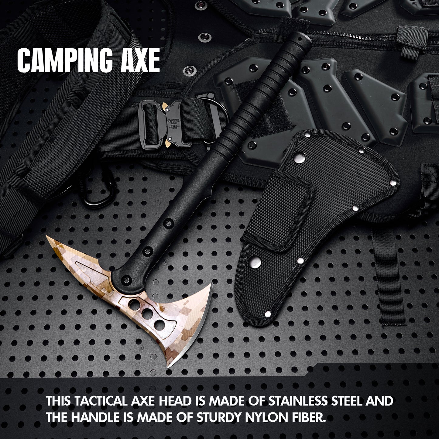 KHU Hache de Camping Hache de Lancer Tactique Hache de Survie Tomahawk avec Gaine - Manche en Fibre de Nylon pour la Chasse en Plein air Randonnée Camping Gear