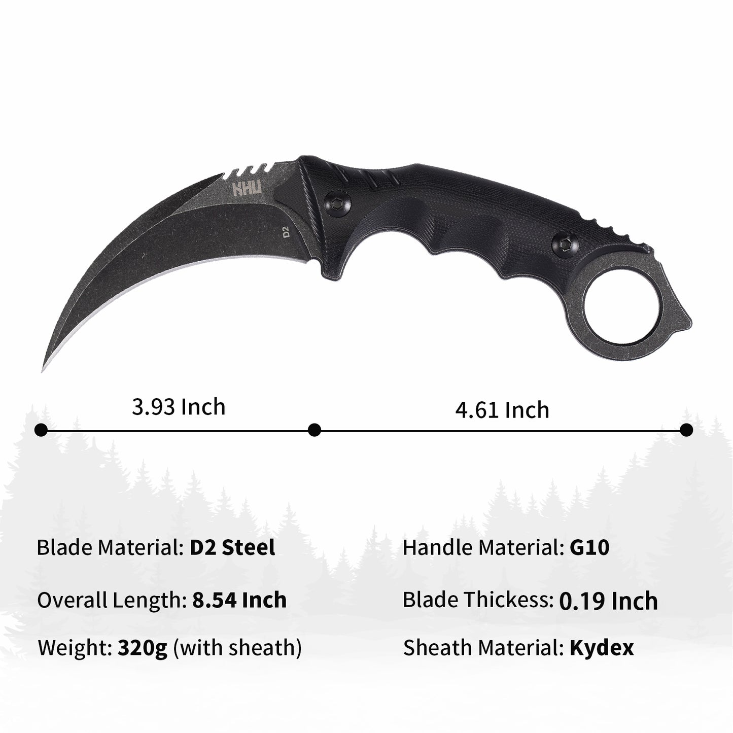 KHU Fixed Blade Knife Tactical, karambit Knife Hunting Knife Claw Knife Survival Knife D2 Steel G10 Handle, Outdoor Hunting Camping Accessories Camping Gear with Kydex Sheath