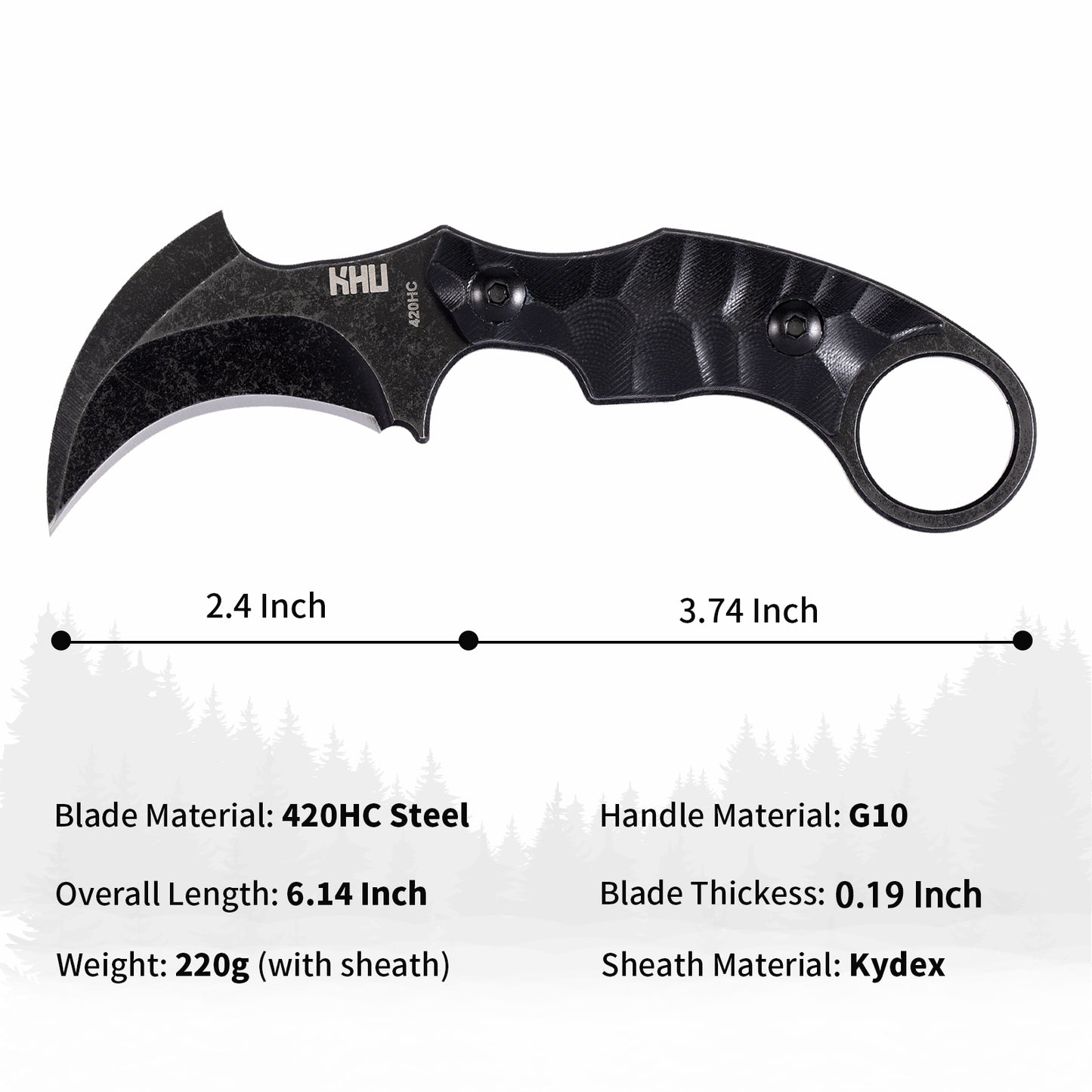 KHU Fixed Blade Knife Tactical, karambit knife Hunting Knife Claw Knife Survival Knife 420HC Steel G10 Handle, Outdoor Hunting Camping Accessories Camping Gear With Kydex Sheath