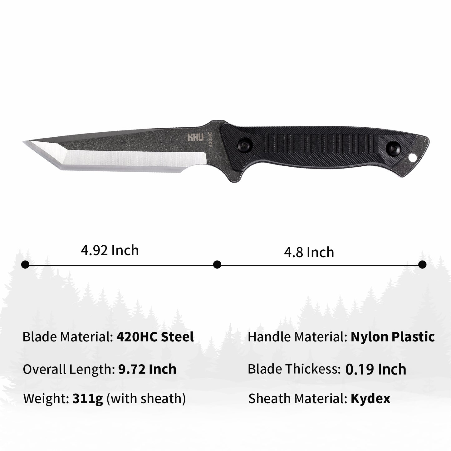 KHU Fixed Blade Knife Tactical, Hunting Knife Survival Knife 420HC Steel Nylon Plastic Handle, Outdoor Hunting Camping Accessories Camping Gear With Kydex Sheath