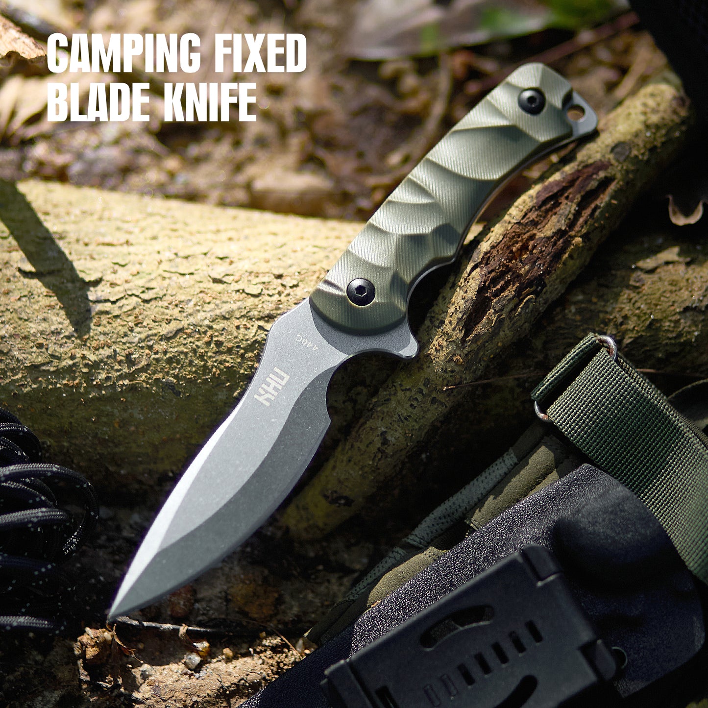 KHU Coltello a lama fissa Coltello da caccia Coltello da sopravvivenza Coltello Bushcraft 420HC Acciaio Nylon Plastica Handle, All'aperto campeggio accessori utili regalo uomo - Kydex Sheath