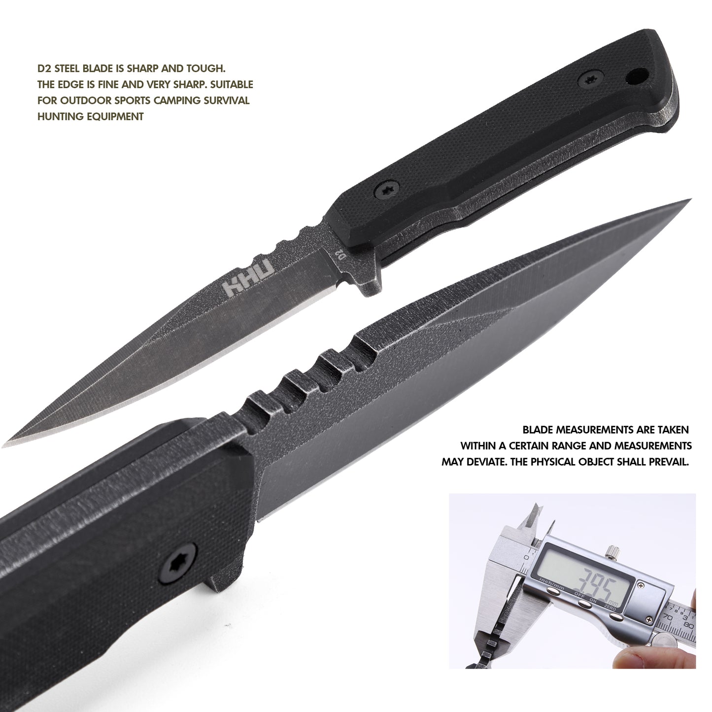 KHU Coltello a lama fissa Coltello da caccia Coltello da sopravvivenza Coltello Bushcraft D2 Acciaio G10 Handle, All'aperto caccia campeggio accessori utili regalo uomo With Kydex Sheath